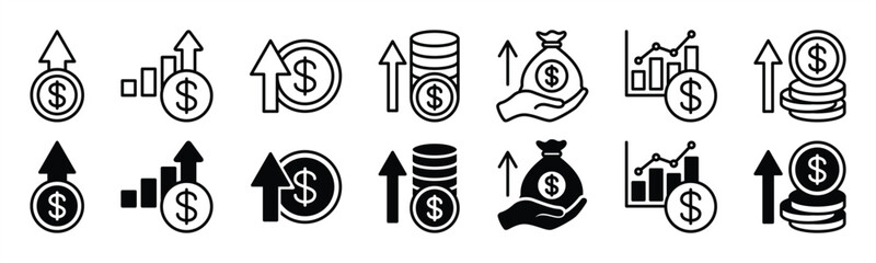 Profit growing icon set. Growth money income. Growing financial graph or chart. Financial growth arrow. Chart increase profit. Vector illustration