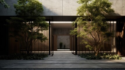  a view of an entrance to a building with trees in the foreground and a walkway leading to the entrance to another building on the opposite side of the building.  generative ai