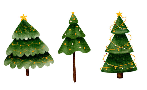 Christmas tree collection. Pencil drawing style, children's illustration. A set of hand-drawn textured pine trees, a decorative Christmas tree. Cartoon Christmas tree is suitable for posters