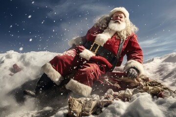 Santa Claus’s Unfortunate Tumble in the Snowy Mountains - obrazy, fototapety, plakaty