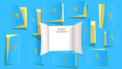 Christmas advent calendar door opening. Realistic an open wide doors on light blue background. Template to reveal a message. Merry Christmas poster concept. Festive vector illustration - Powered by Adobe