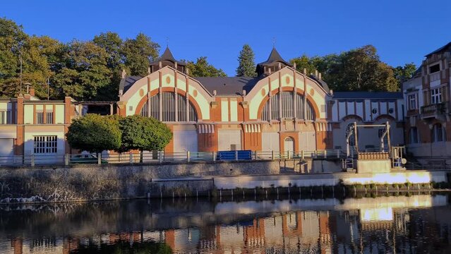 View of the romantic riverfront with historic buildings