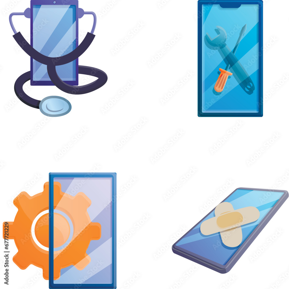 Poster technical support icons set cartoon vector. service of software smartphone. configuration and repair