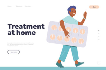Treatment at home headline for landing page template with apothecary bringing tablet blister