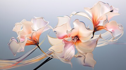  a painting of a white and orange flower on a light blue background with long, thin, thin, thin, and thin stems of flowers in the foreground.  generative ai