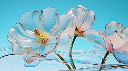  a group of flowers floating on top of a body of water in front of a blue background with ripples on the bottom of the water and bottom of the petals.  generative ai