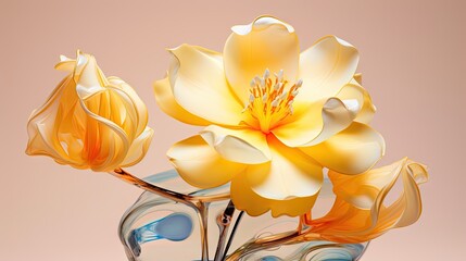  a glass vase filled with yellow flowers on top of a white table top next to a pink wall and a blue vase with a yellow and white flower on top.  generative ai