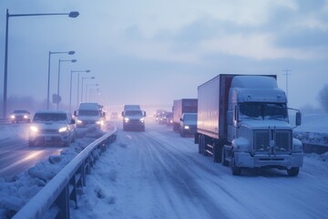 Stranded heavy trucks and cars with headlights on highway in snowing conditions