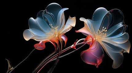  a close up of a flower on a black background with a red and blue flower in the middle of the flower and a blue flower in the middle of the flower.  generative ai