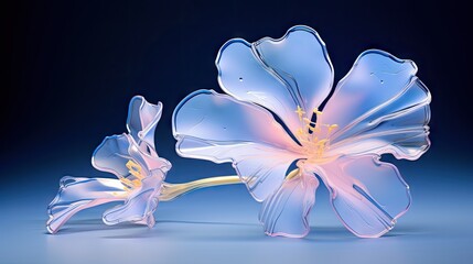  a close up of a flower on a blue background with a blurry image of a flower on the right side of the image, and a single flower on the left side of the other side of the image.  generative ai