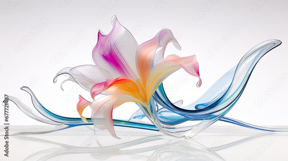 Poster  a multicolored flower on a white background with a reflection of the flower on the floor and the water in front of it is reflecting off of the floor.  generative ai