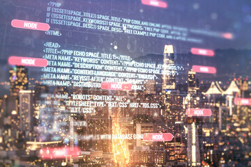 Double exposure of abstract creative programming illustration on San Francisco office buildings background, big data and blockchain concept