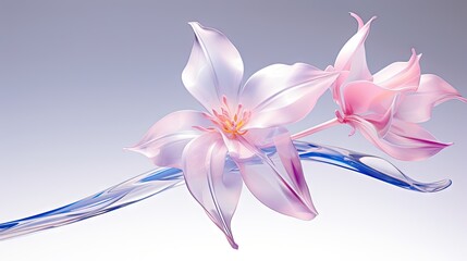  a close up of a pink flower with a blue wave in the foreground and a light blue back ground with a light gray back ground and white back ground.  generative ai