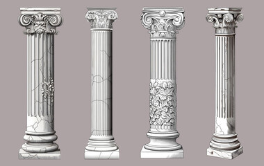 Antique columns on the gray background. Elements of ancient architecture. Edited AI illustration.
