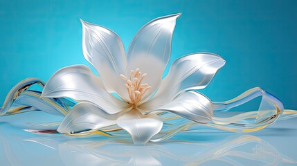  a white flower sitting on top of a blue table next to a white and gold ribbon on a blue background with a reflection of the flower in the center of the image.  generative ai