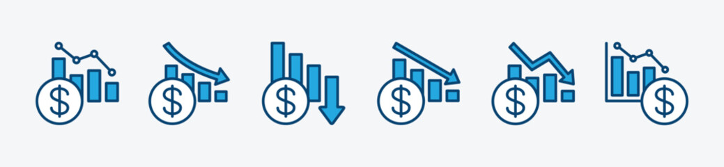 Financial decline graph icon set. Descending financial chart or graph. Decrease money graphic. Down arrow, graph, chart and diagram of finance. Vector illustration - obrazy, fototapety, plakaty