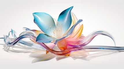  a multicolored flower sitting on top of a white table next to a blue and pink flower on top of a white table next to a black and white wall.  generative ai