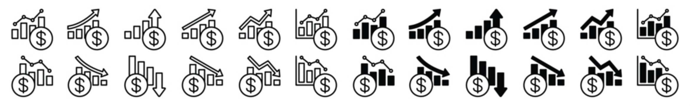 Increase and decrease finance graph icons. Financial graph icon set. Up and down financial chart or graph. Diagram statistic of finance in line and flat style. Vector illustration