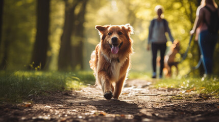 The dog excitedly leading the way on a woodland hike with the family - obrazy, fototapety, plakaty
