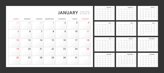 Wall quarterly calendar template for 2025 in a classic minimalist style. Week starts on Sunday. Set of 12 months. Corporate Planner Template. A4 format horizontal - obrazy, fototapety, plakaty