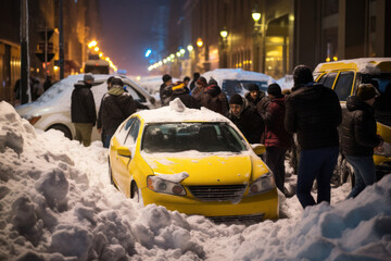 Unrecognizable people talking near stranded taxi cab on snowy road in downtown during winter night