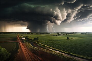 Violent rotating tornado with dark clouds away from green ground with trees and roadway in daylight