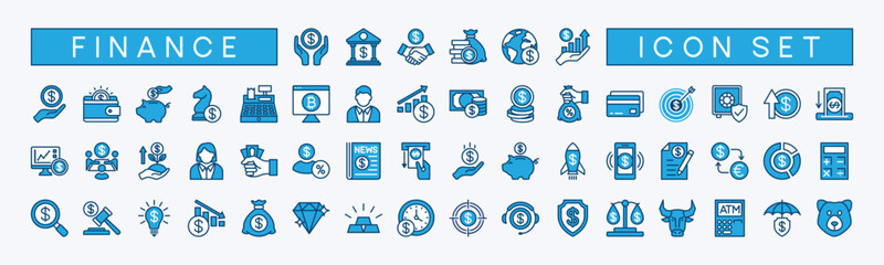 Finance icon vector set. Containing savings, bank, cash, loan, goal, profit, investment, budget, payment, earnings, piggy bank, exchange, increase & decrease, target, support, strategy and more - obrazy, fototapety, plakaty