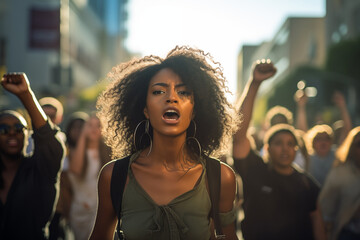 african american woman at a street protest - obrazy, fototapety, plakaty