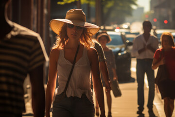 Stylish woman walking on sidewalk during heatwave in city - obrazy, fototapety, plakaty