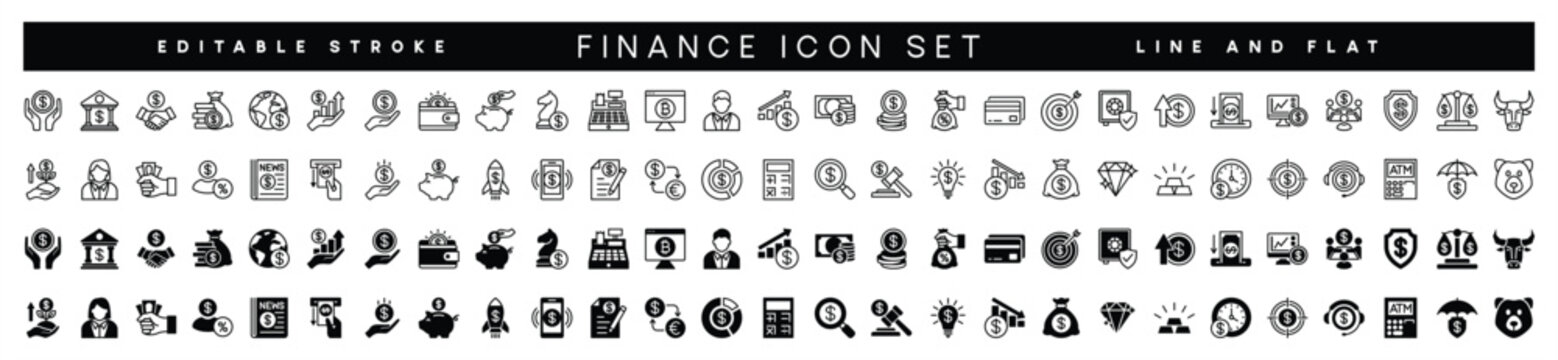 Business and finance icon set. Savings, bank, cash, loan, goal, profit, investment, budget, payment, earnings, piggy bank, increase & decrease, target, support, strategy and more. Symbol illustration