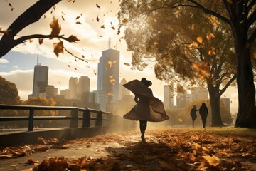 Unrecognizable woman walking in fierce wind in city - obrazy, fototapety, plakaty