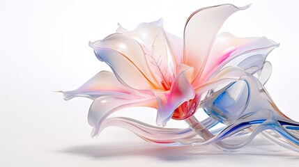  a white flower with pink and blue petals on a white background with a reflection of it's petals on the bottom of the flower and bottom of the petals.  generative ai
