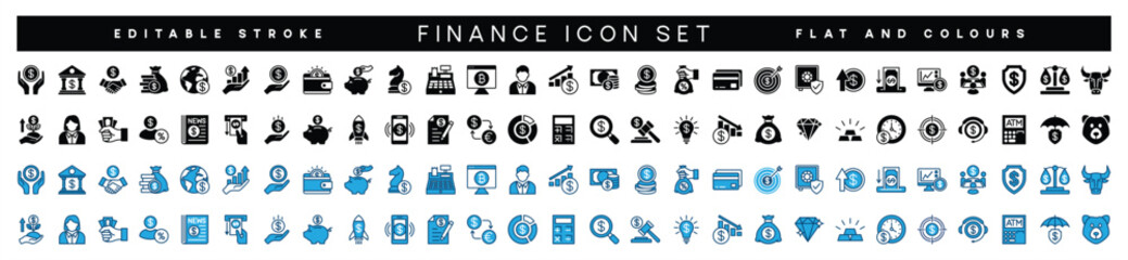 Business and finance icon set. Savings, bank, cash, loan, goal, profit, investment, budget, payment, earnings, piggy bank, increase & decrease, revenue, exchance and more. Symbol illustration