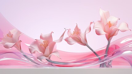  a group of pink flowers in a glass vase on a pink and white background with a wave of light coming from the bottom of the vase to the bottom of the vase.  generative ai