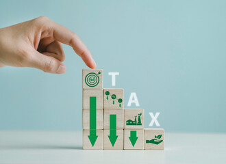 Wooden block with tax deduction icon to achieve environmental goals Using environmental taxes,...