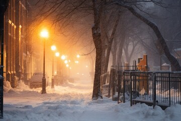 Snowy sidewalk along with illuminated street lights in city - Powered by Adobe