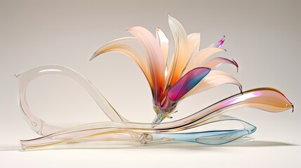  a multicolored glass sculpture of a flower on a white background with a light reflection on the bottom of the image and the bottom part of the flower visible petals.  generative ai