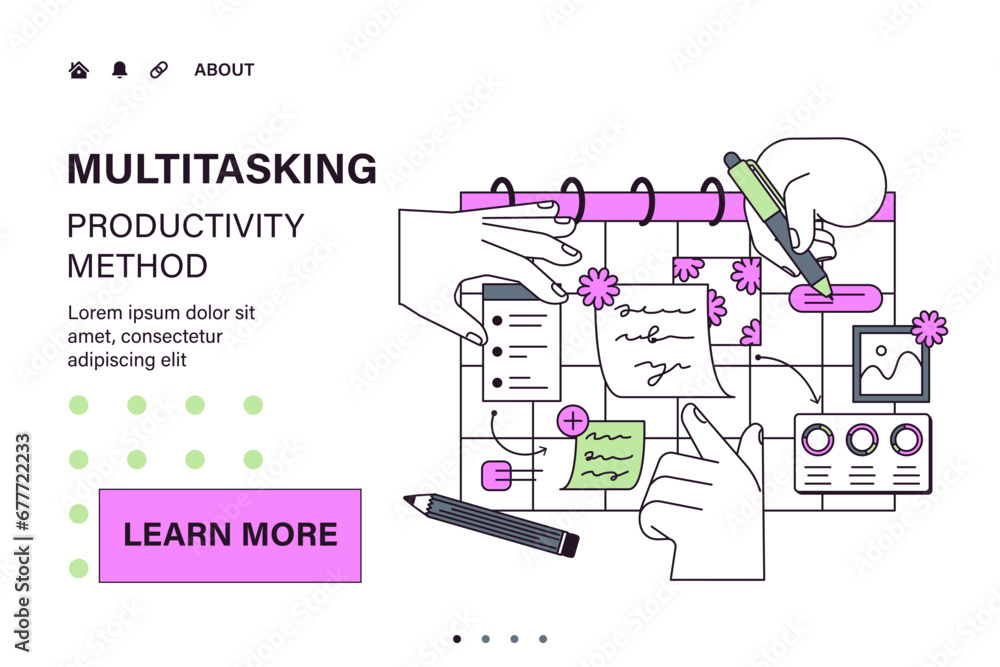 Poster employee efficiency web or landing. business employee productive multitasking. time management and w
