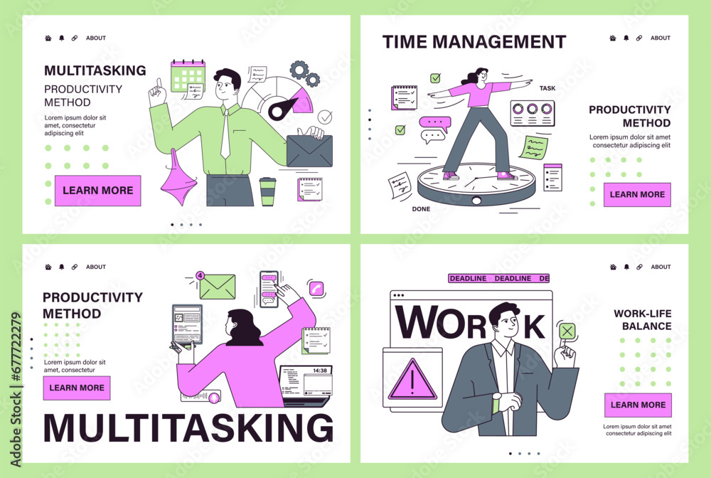 Aufkleber employee efficiency web or landing set. business employee productive multitasking. time management a