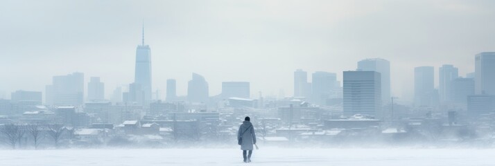 Anonymous person walking towards city in snowstorm