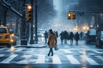 Anonymous woman crossing city street in snowfall