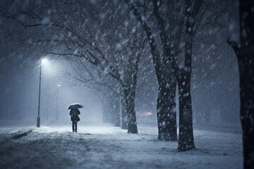 Person with umbrella walking in snowstorm at night - obrazy, fototapety, plakaty