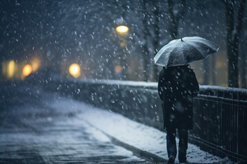 Faceless person with umbrella walking during snowfall