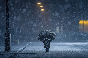 Person with umbrella walking on street during snowfall - obrazy, fototapety, plakaty