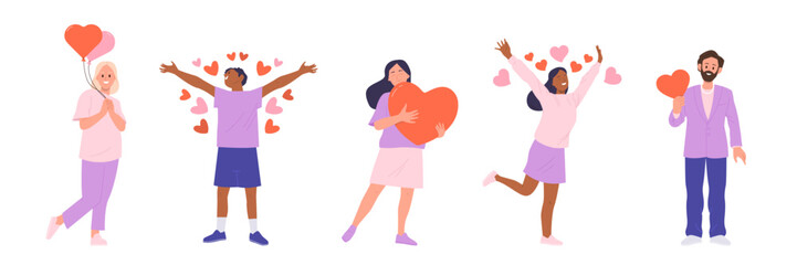 Isolated set of charming people cartoon characters falling in love feeling happiness and amorousness