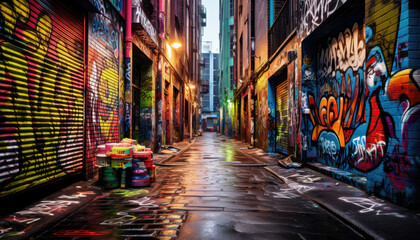 Fototapeta na wymiar Narrow streets in the city, full of colorful painted murals and graffiti.