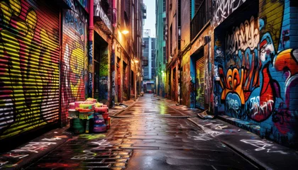 Fotobehang Narrow streets in the city, full of colorful painted murals and graffiti. © Ruslan Gilmanshin