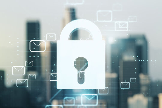 Double exposure of abstract virtual creative lock hologram with email symbols on blurry cityscape background. Information security concept - Powered by Adobe