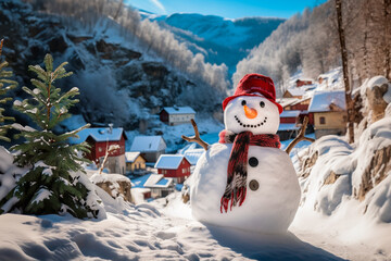 Obraz premium Winter, New Year, Christmas illustration - cute smiling snowman