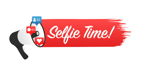 Loudspeaker. Selfie time. Brush hand lettering. Banner for social networks. Vector illustration